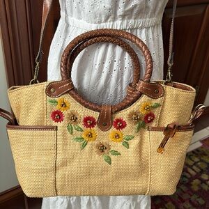 Fossil  straw satchel  Crossbody bag embroidered/beads tan/brown leather trim